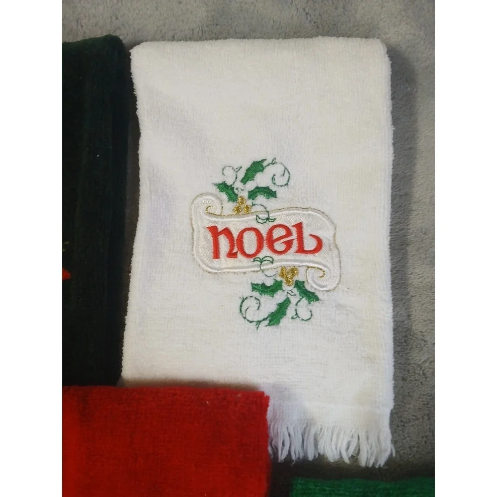 Vtg 5 Christmas Guest Towels Terry Embroidered Greetings‎ Noel Poinsettia READ
